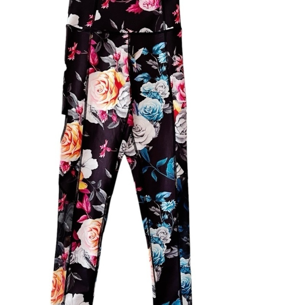 Zyia Active Black Floral & Hummingbird Print Mesh 7/8 Leggings Size 2